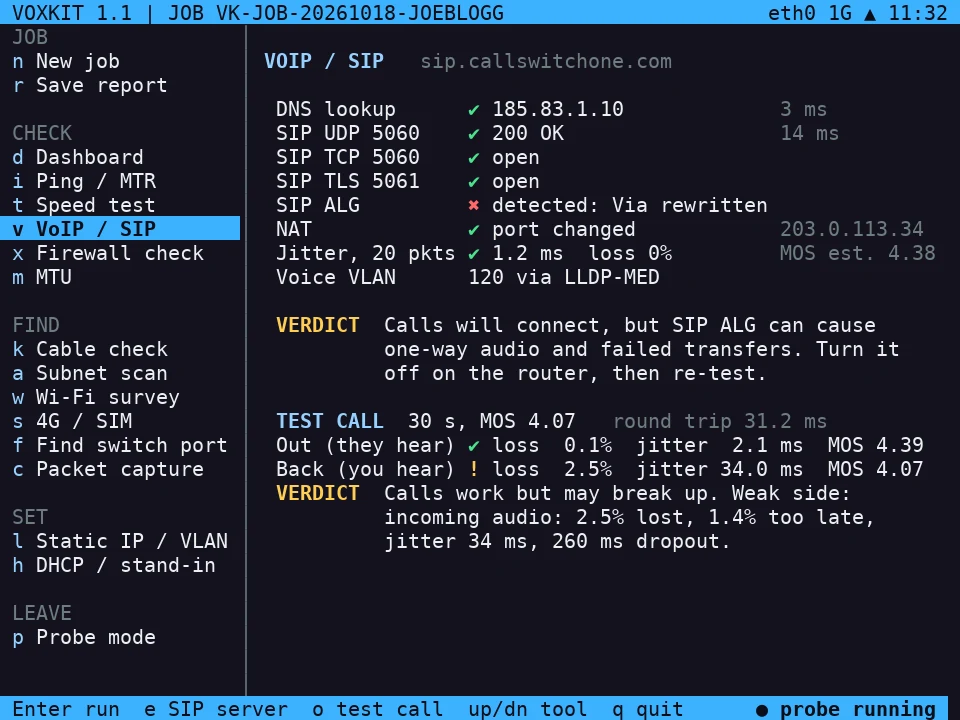Test call result: outgoing audio good, incoming audio fair with 2.5% loss and 34 ms jitter